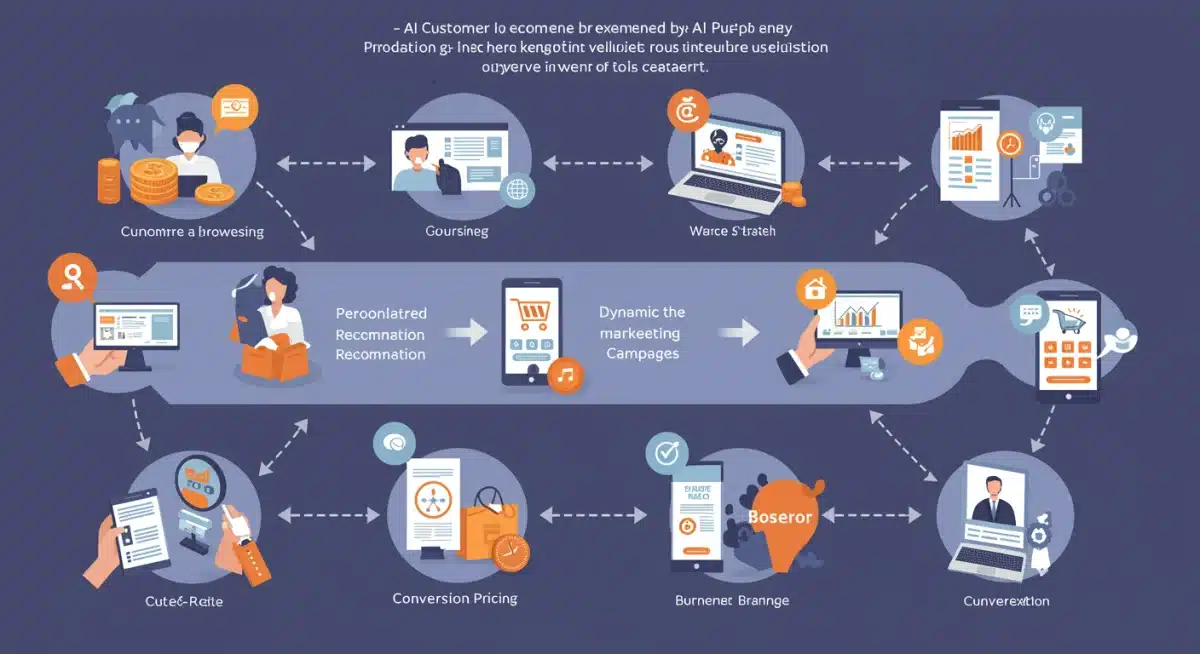 Customer journey map optimized with AI personalization, showcasing touchpoints like recommendations and targeted ads.