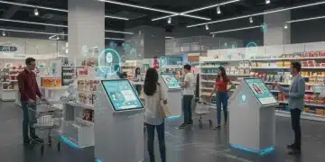 AI-powered personalized retail environment with interactive displays and engaged customers.