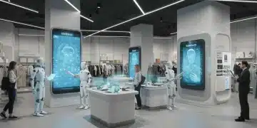 AI's Impact on US Retail: 5 Key Trends for 2025 (Updates) AI-powered retail store with robots and interactive displays