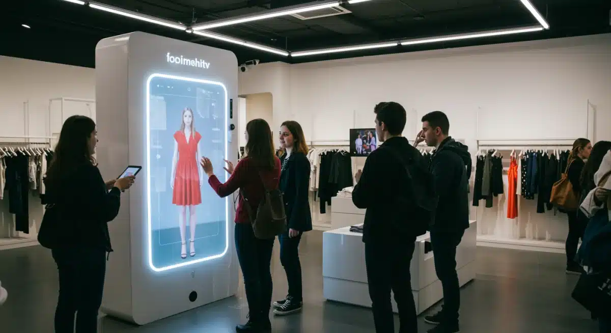 Customers using augmented reality mirror in innovative pop-up store