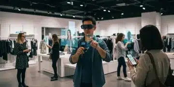 Augmented Reality in Retail: Boost Engagement by 20% by 2025 Shoppers using augmented reality in a modern retail store for interactive product exploration and virtual try-ons.