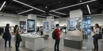 Customers using augmented reality in a modern retail store for virtual try-ons and product visualization.