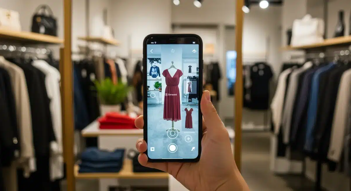 Customer virtually trying on clothes using a smartphone with augmented reality in a retail store.