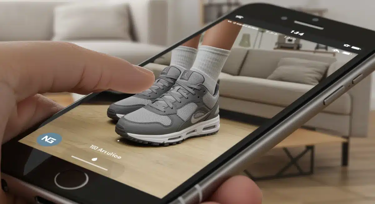 Smartphone displaying augmented reality virtual try-on for sneakers in a living room
