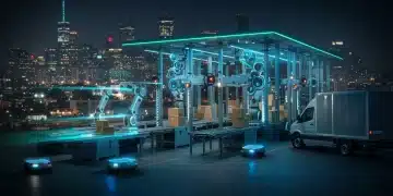 Automated micro-fulfillment center with robots and delivery van, symbolizing efficient urban e-commerce logistics.