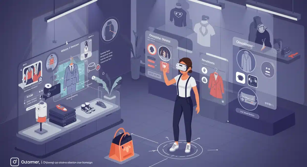 Avatar trying on digital fashion in a metaverse retail store.