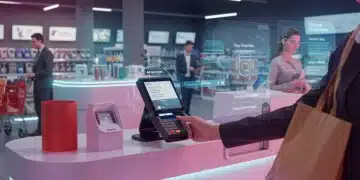 Customer making a biometric payment at a modern retail checkout