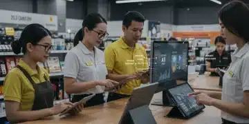 Diverse retail team uses AI tools for training in modern store