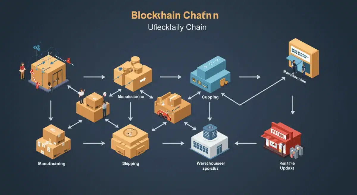 Infographic illustrating blockchain's immutable ledger tracking product journey through supply chain