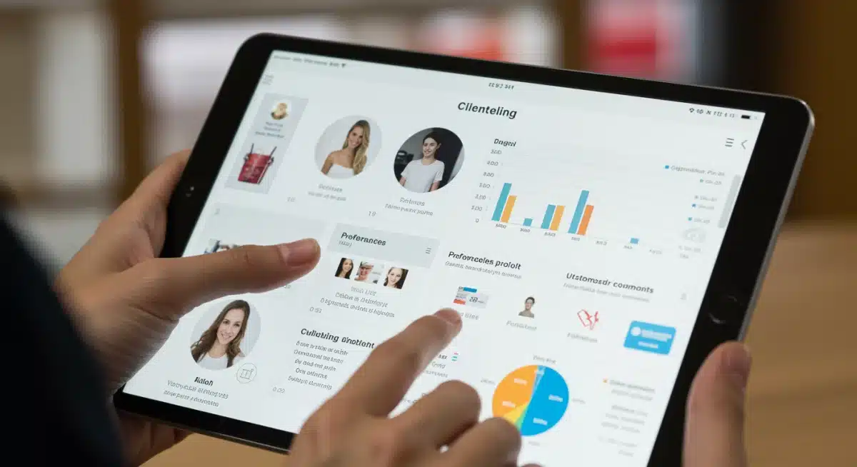 Clienteling app dashboard showing customer data and personalized recommendations on a tablet.
