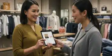 Sales associate using a clienteling app on a tablet with a customer in a modern retail store.