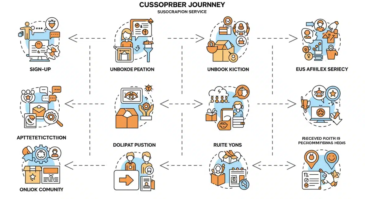 Customer journey infographic for subscription services, emphasizing engagement and loyalty.