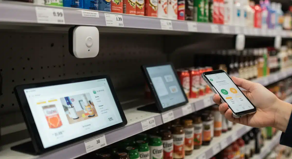 Customer interacting with a smart shelf and beacon-enabled product display in a store.
