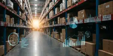 Digital dashboard showing inventory analytics and optimized stock levels in an e-commerce warehouse.