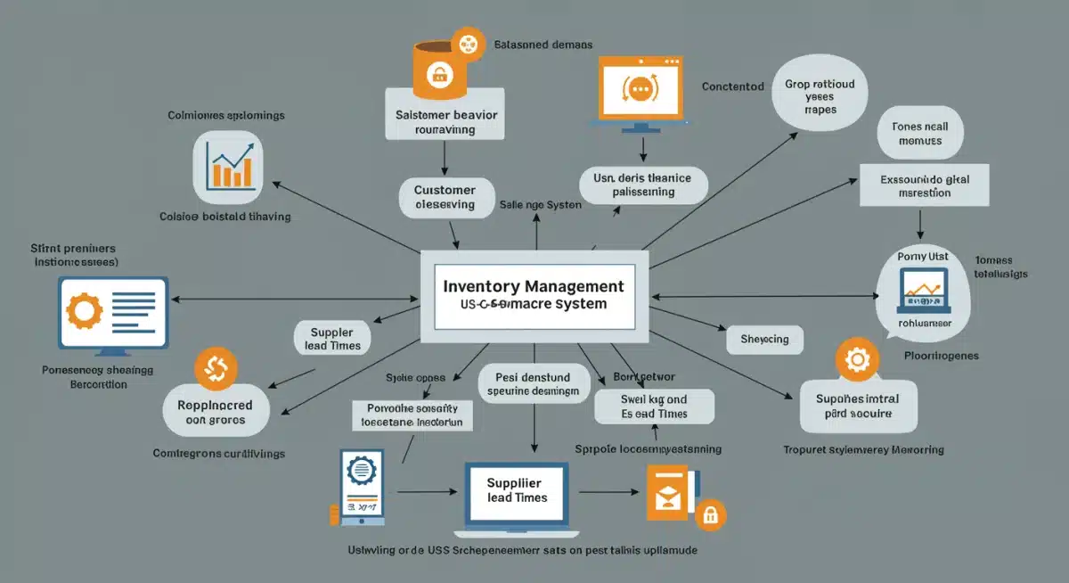 Interconnected data points feeding into an inventory management system for e-commerce.