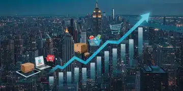 Subscription Model Surge: US E-commerce Trends & 20% Revenue Growth by 2025 Illustration of e-commerce growth with subscription boxes and rising revenue charts in a US urban setting