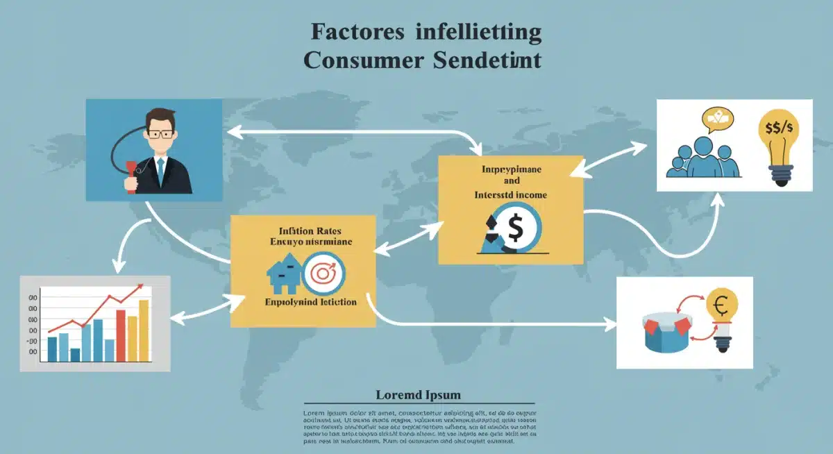 Infographic detailing economic factors influencing US consumer sentiment like inflation, employment, and interest rates.