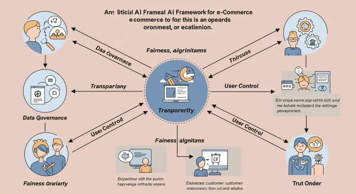Diagram showing the ethical AI framework components: data governance, transparency, fairness, and user control.