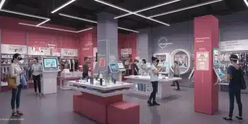 The Future of In-Store Experience: 3 Technologies Reshaping US Retail by Q3 2025 Futuristic retail store interior with shoppers interacting with AI, AR, and IoT technologies