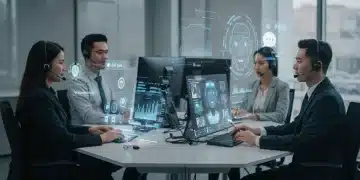 Futuristic customer service center with AI and human collaboration