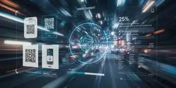 Futuristic digital payment interface with various payment options and a 25% shift indicator by 2025