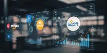 Futuristic digital marketplace with e-commerce platforms and growth charts for 2025