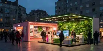 Futuristic pop-up store in urban square boosting brand awareness
