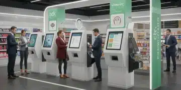 Futuristic retail checkout with advanced payment systems