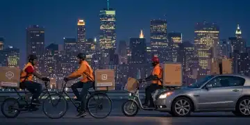 Gig Economy & E-commerce Fulfillment: 10% Cost Cut by 2025 Gig workers delivering e-commerce packages in a bustling US city, symbolizing last-mile efficiency.