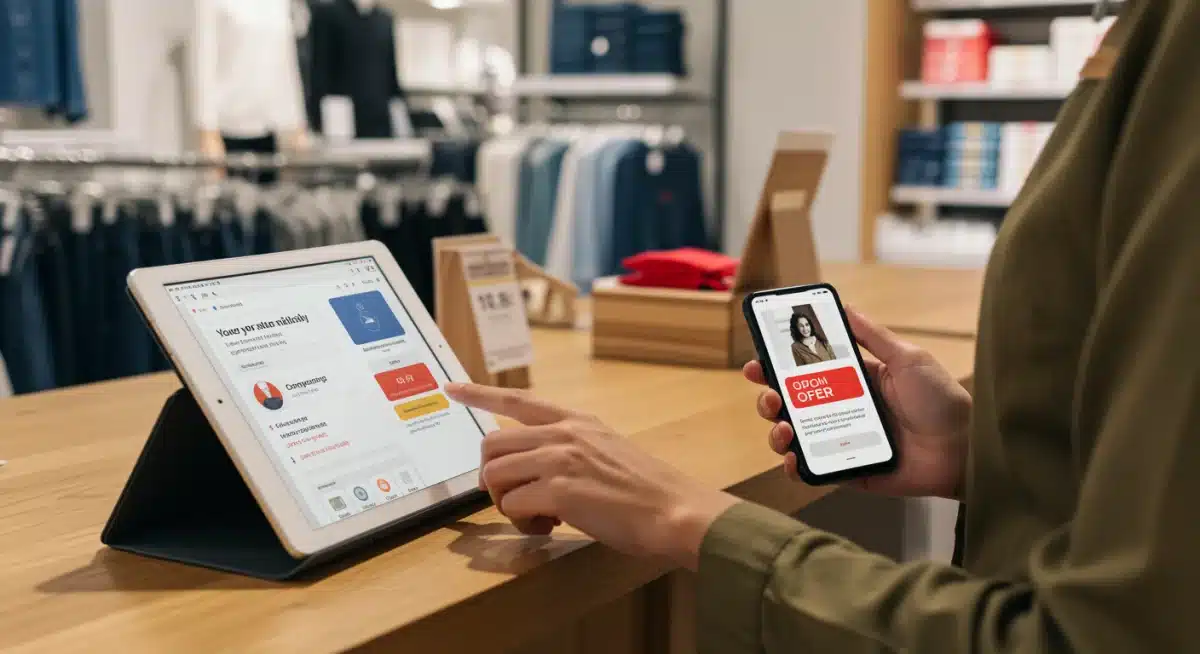 Customer using tablet in store, blending digital and physical shopping experience.