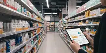 Smart shelves in a modern retail store, displaying real-time inventory data via IoT sensors to prevent stockouts.