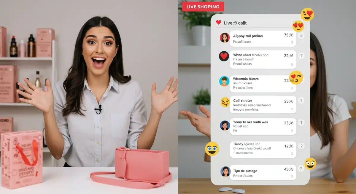 Live shopping host demonstrating product and interacting with customer chat in real-time