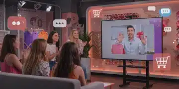 Livestream Shopping: 8% Higher Conversions for Retail Brands in 2025 People watching a livestream shopping event on a large screen, with products and interactive elements visible.