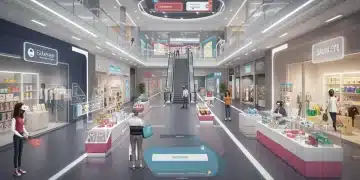 Futuristic virtual shopping mall with avatars exploring metaverse e-commerce stores