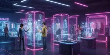 Metaverse retail shopping experience with avatars interacting with virtual stores and digital goods.