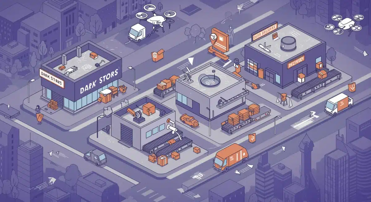 Diagram of a micro-fulfillment center optimizing rapid package sorting for quick deliveries.