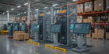 Modern warehouse with digital dashboards showing real-time inventory data