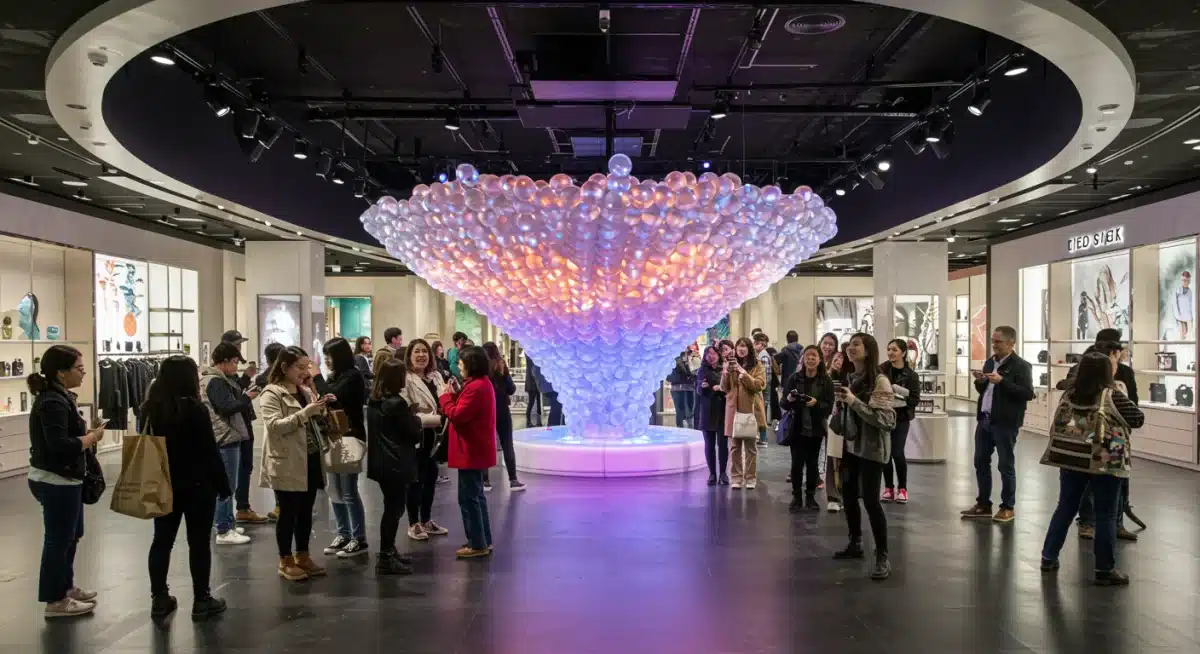 Customers engaging with multi-sensory art in a retail store