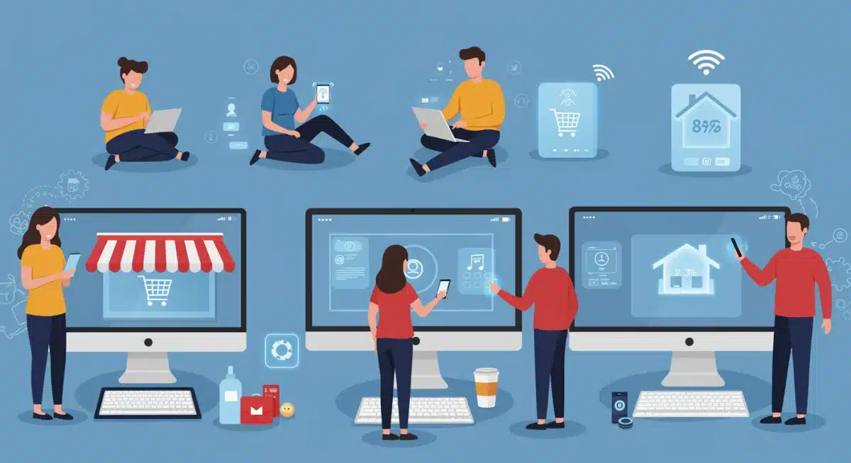 diverse shoppers experiencing personalized e-commerce on multiple devices