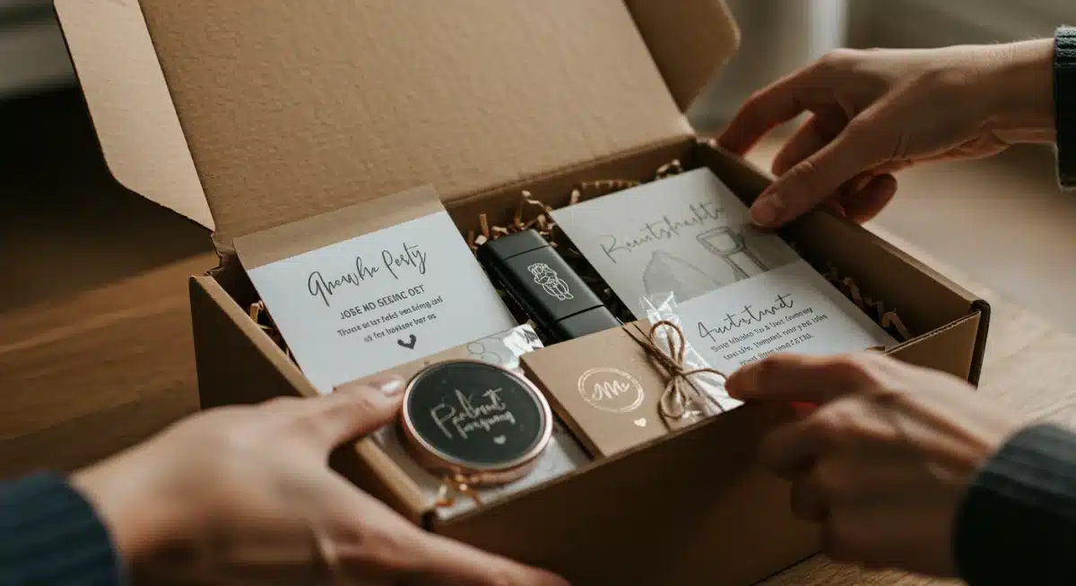 Hands unboxing a personalized subscription box with curated items and a handwritten note, highlighting the intimate customer experience.
