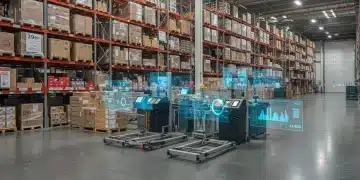 Advanced predictive analytics dashboard optimizing retail inventory in a modern warehouse setting.
