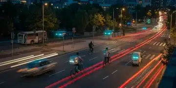 Urban landscape with drones and electric bikes delivering packages rapidly.