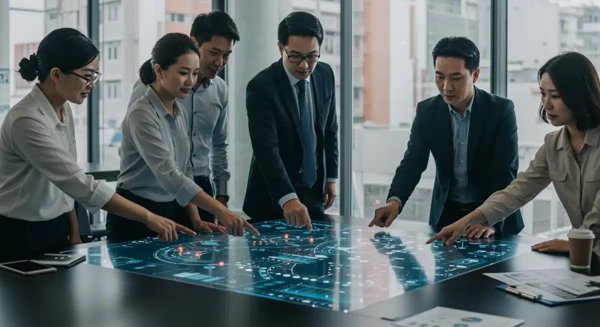 Retail executives and analysts collaborating on supply chain data