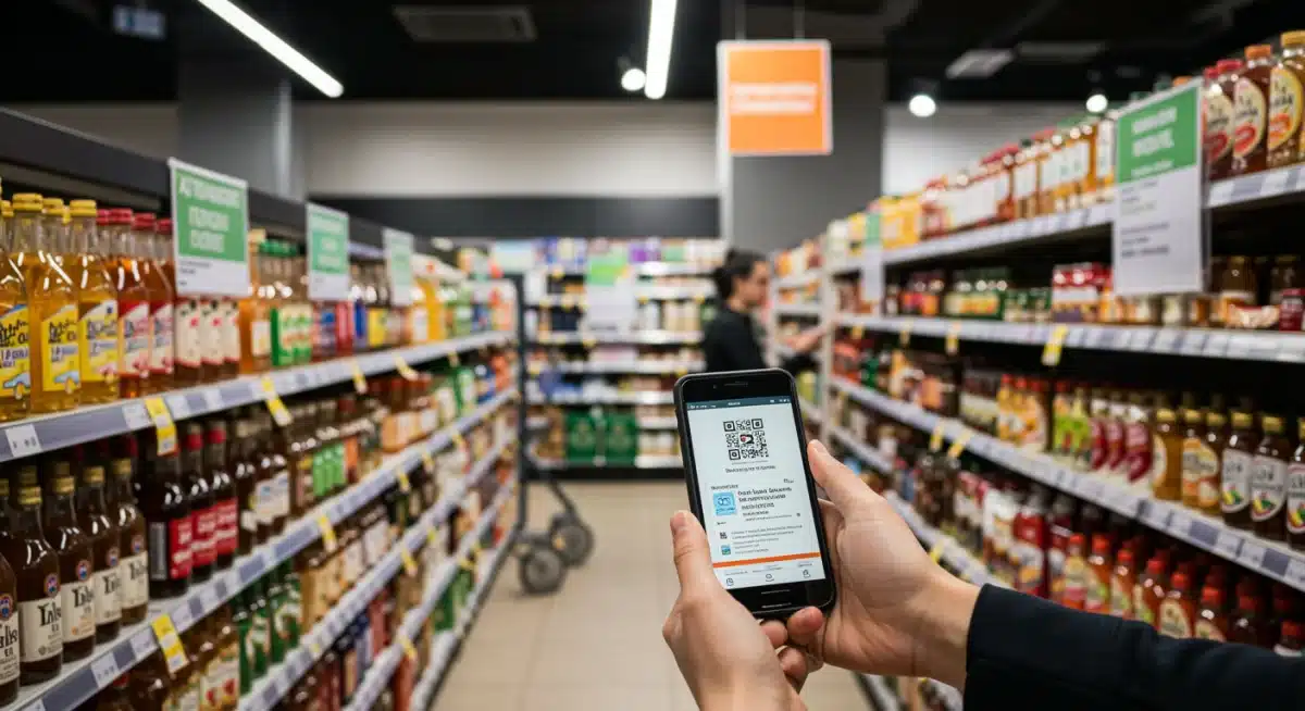 Customer scanning QR code on product for ethical sourcing details in modern retail store