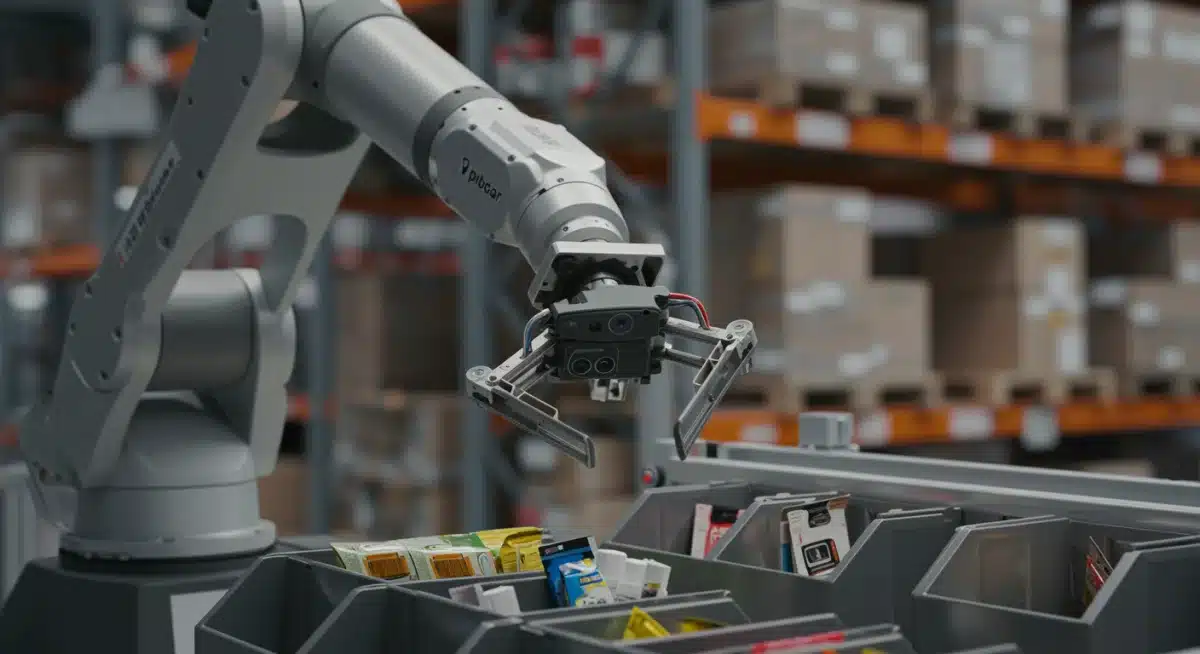 Robotic arm precisely sorting small items in a retail warehouse.