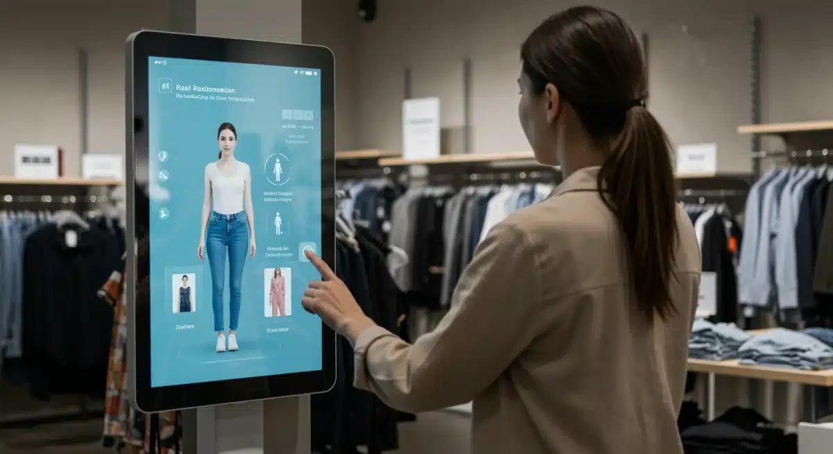 Shopper using smart mirror for virtual try-on in an AI-powered apparel store