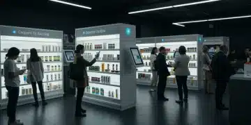 Smart shelves and beacons in a modern retail store, enhancing product discovery and customer engagement.