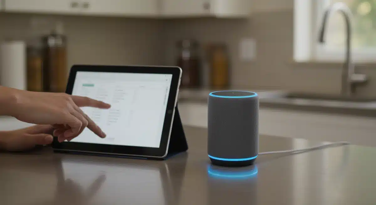 Smart speaker in a kitchen facilitating voice-activated shopping.