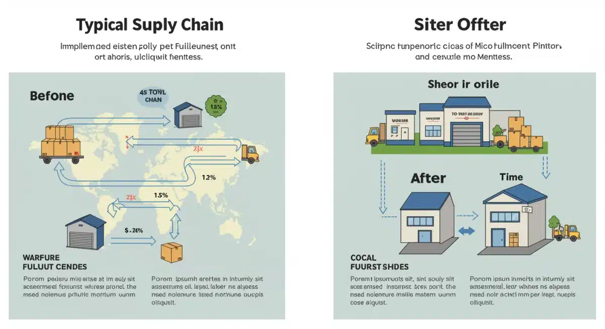 Infographic comparing traditional and micro-fulfillment supply chains, highlighting reduced costs and delivery times.
