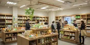 Sustainable Retail Innovations: Attracting Eco-Conscious Consumers Sustainable retail store interior with eco-friendly products and engaged shoppers